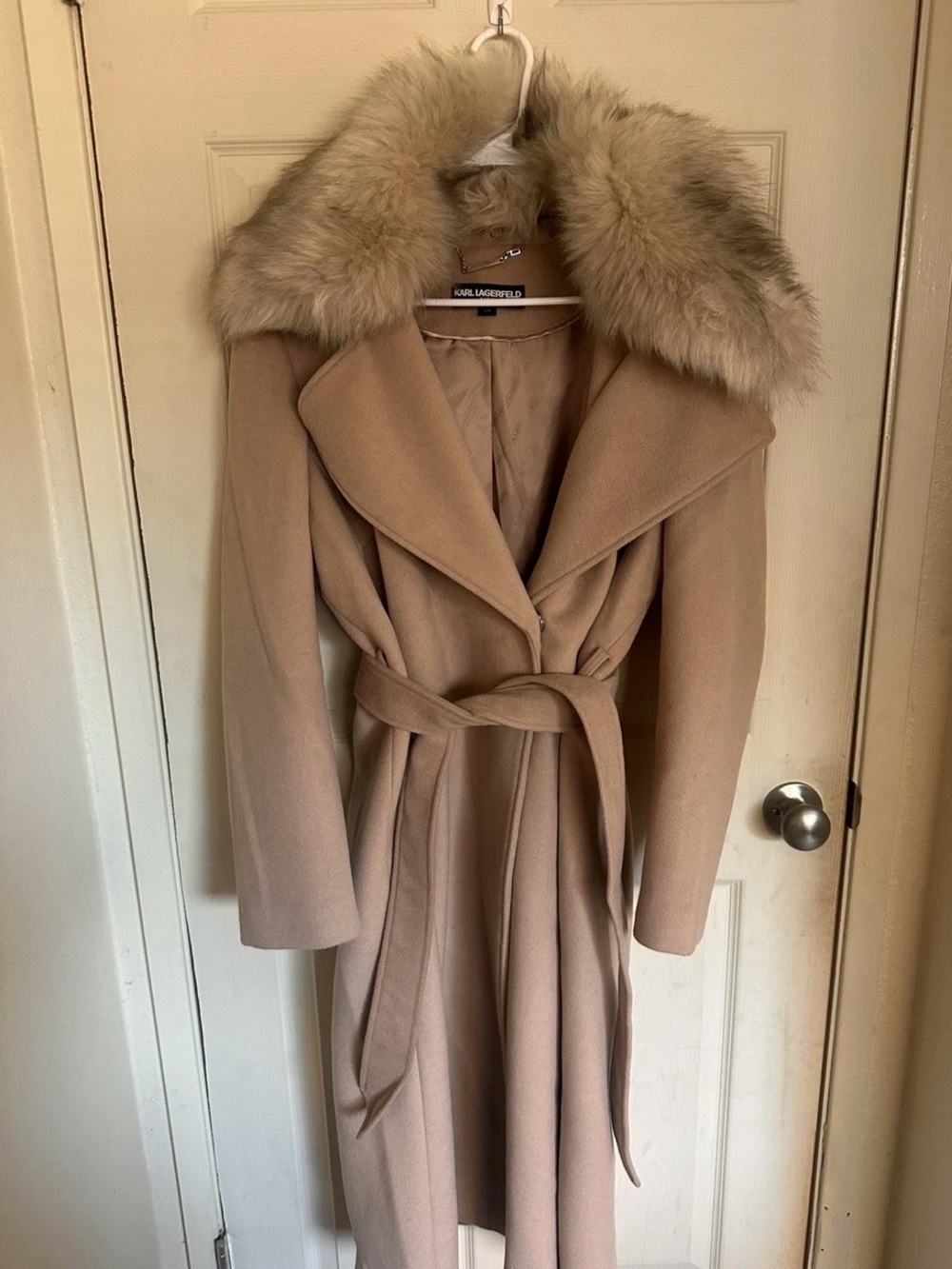 Karl Lagerfeld Paris Faux Fur Collar Wool Beige Coat Size L - Picture 2 of 7